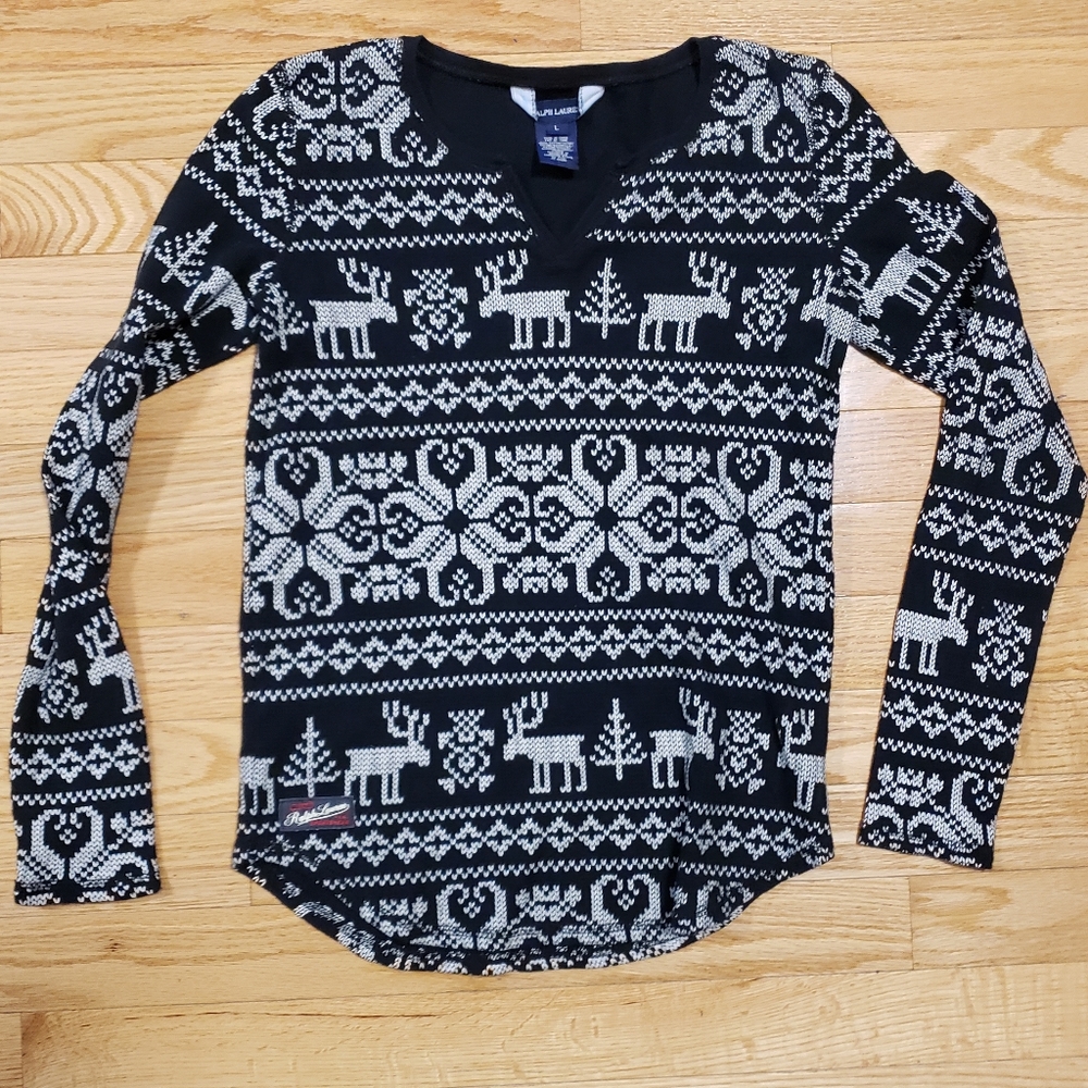 Ralph Lauren VTG Kids Thermal Top Shirt Holiday Winter Print L Fair Isle Waffle